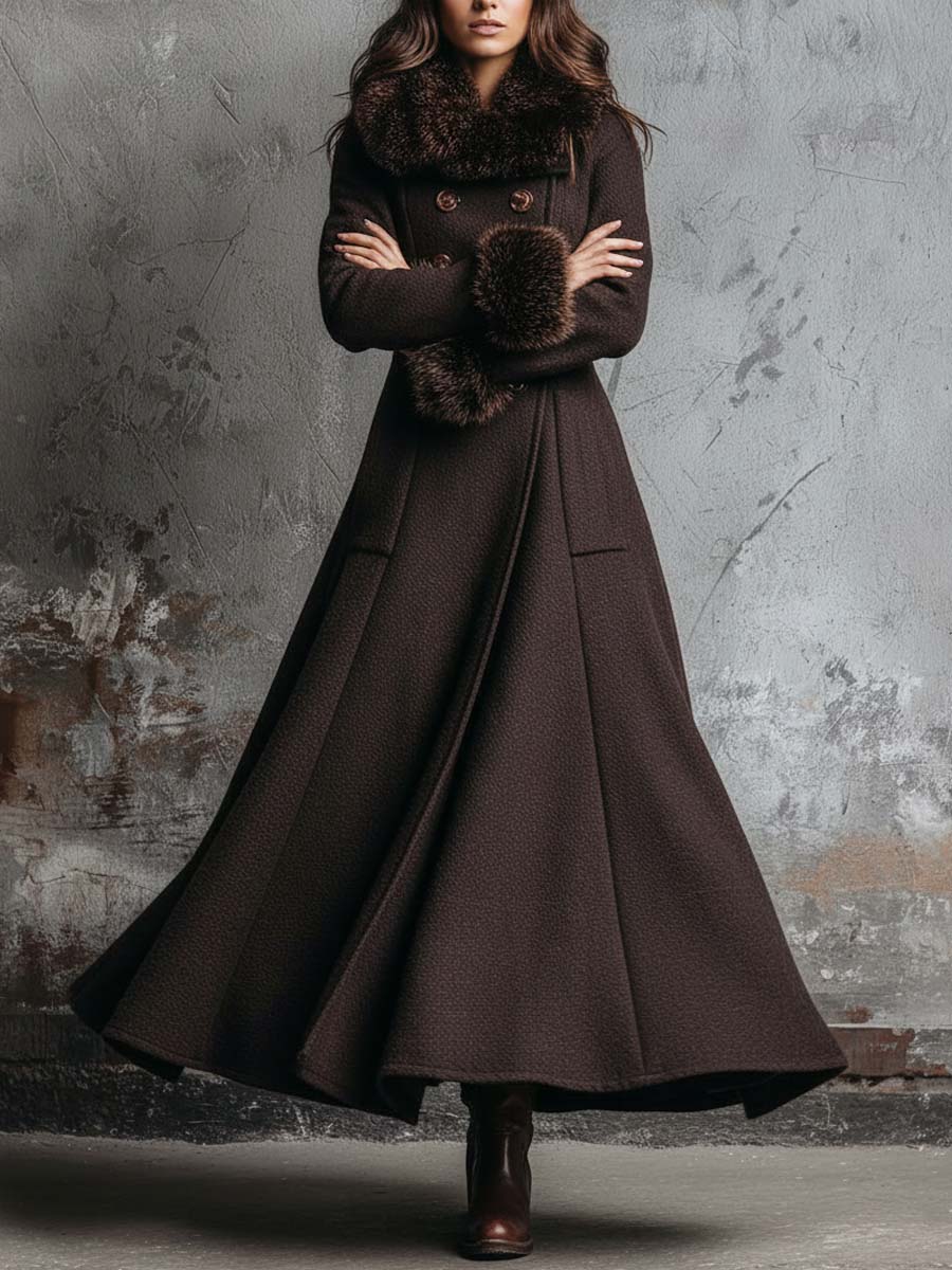 Knitted Maxi Coat With Detachable Faux Fur Collar