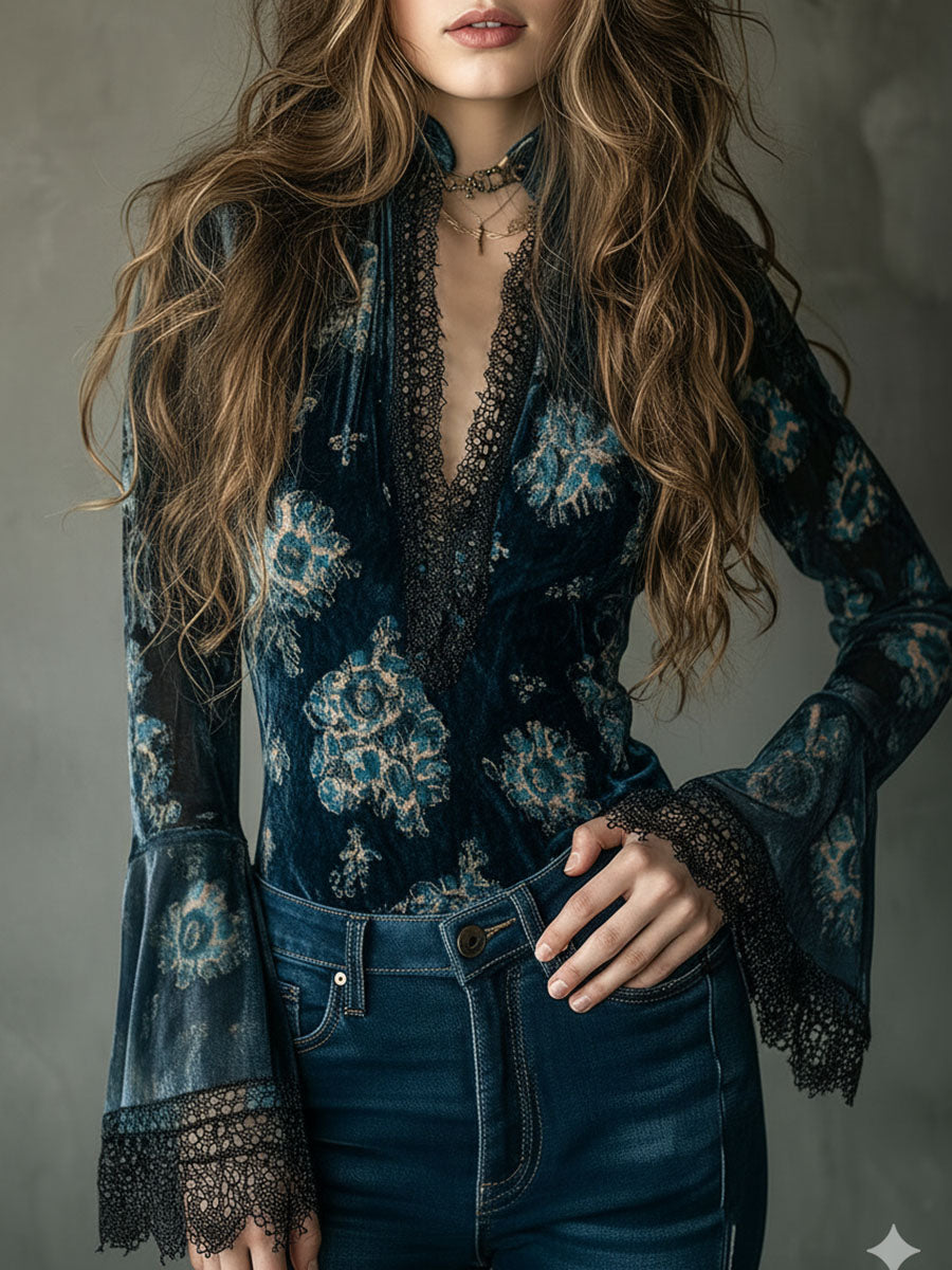 Retro Blue Floral  Velvet Lace Blouse With Bell Sleeves