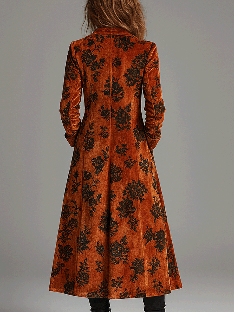 Vintage Burnt Orange Velvet Floral Maxi Coat