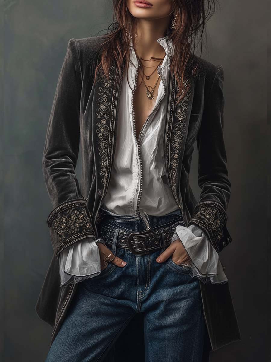 Vintage Navy Polyester Velvet Embroidered Long Jacket