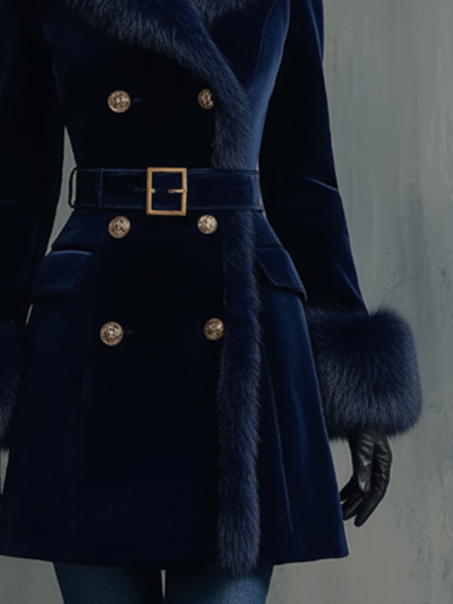 Elegance Navy Velvet Trimmed Faux Fur And Gold Accents Coat