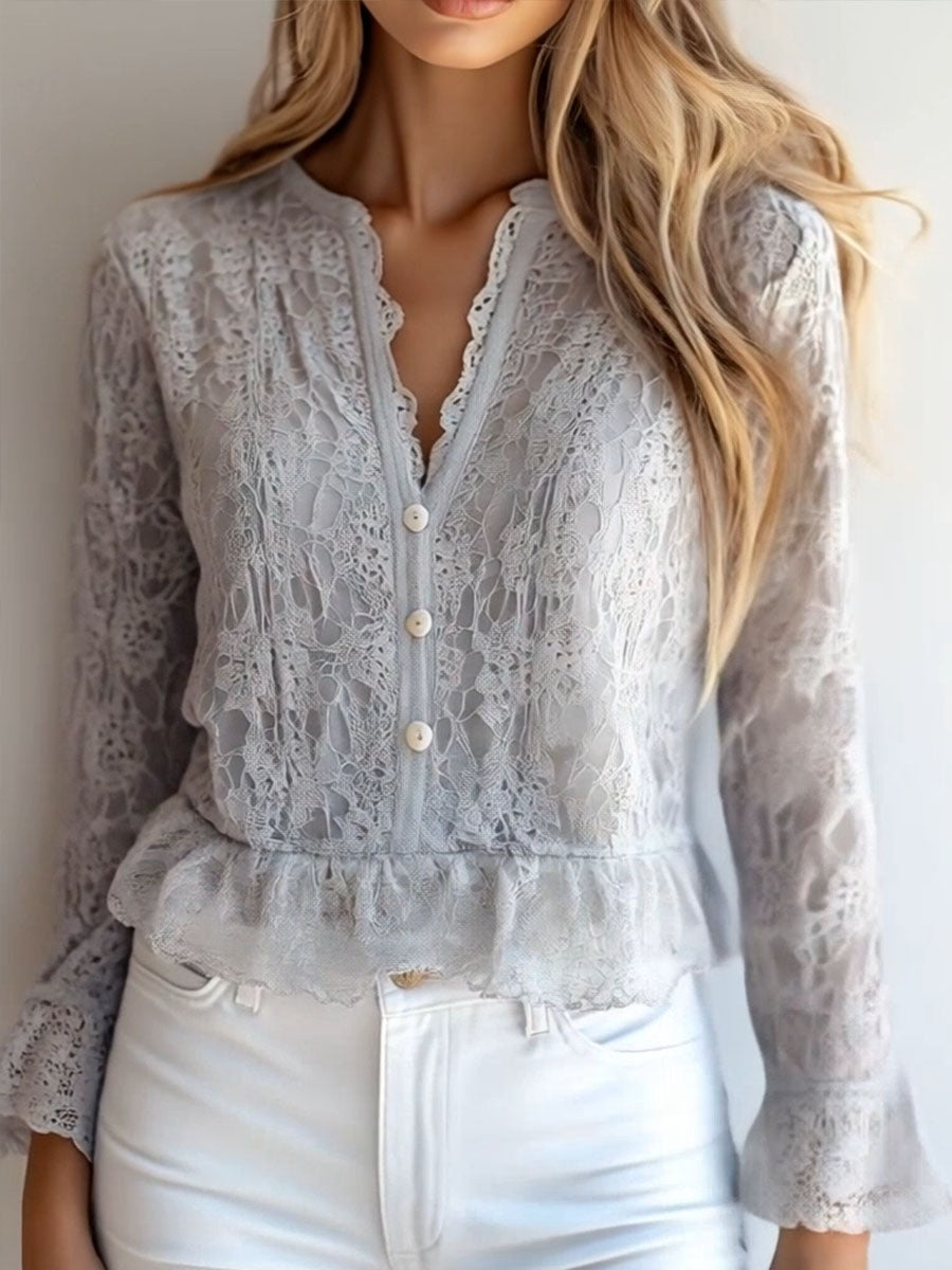 (sale)Stylish V-neck Button Down Long Sleeve Lace Shirt