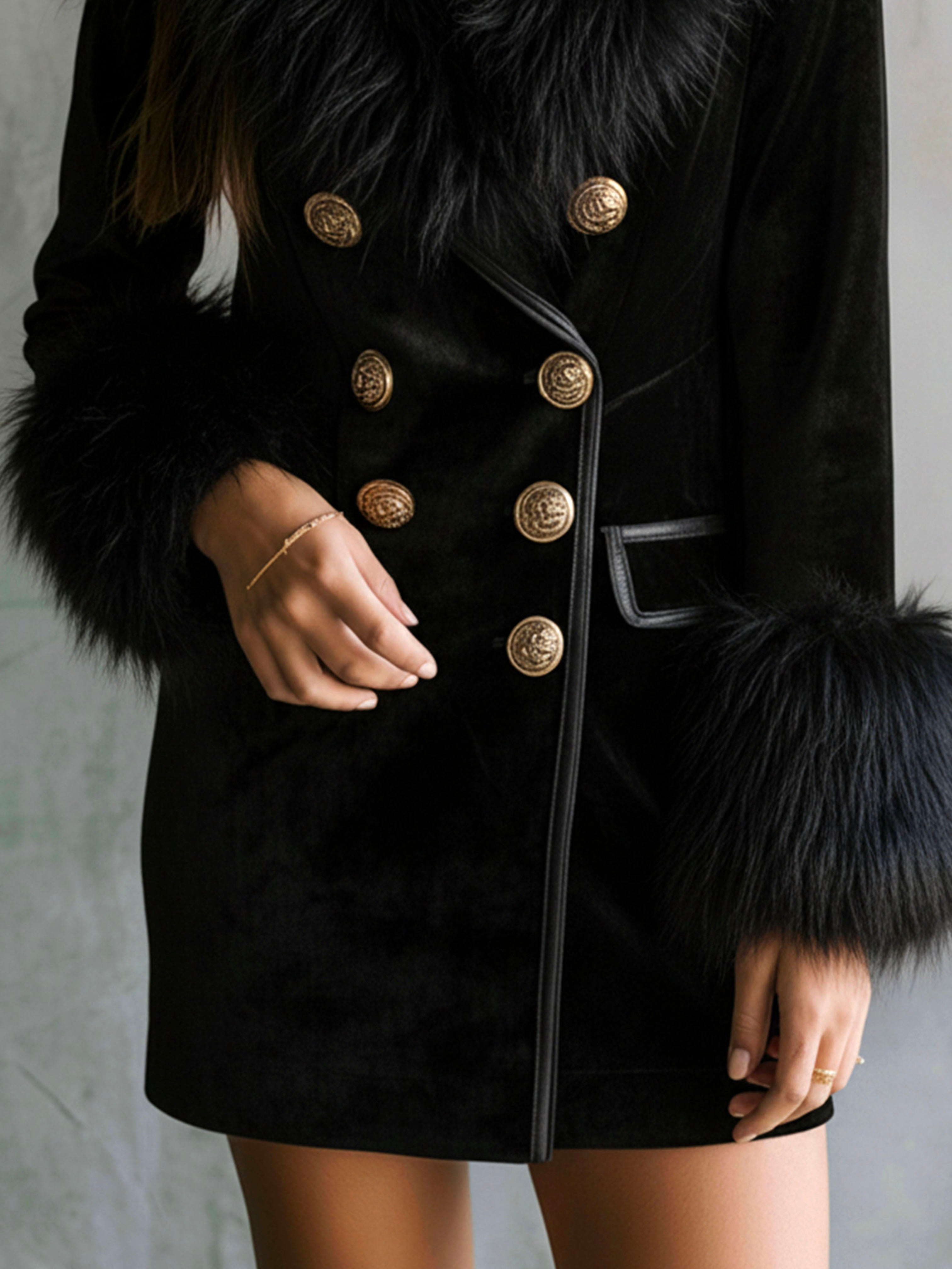 Stylish Black Velvet Blazer Dress With Eco Fur Collar & Cuff