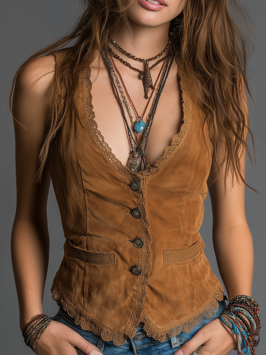 Vintage Lace Trim Distressed Vest