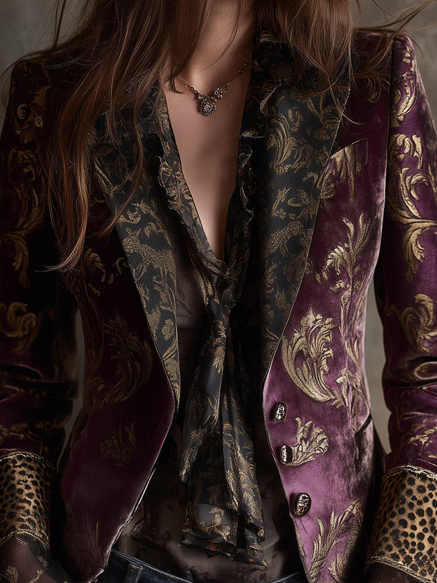 Quiet Luxury Baroque Leopard Print Splicing Polyester Velvet Blazer