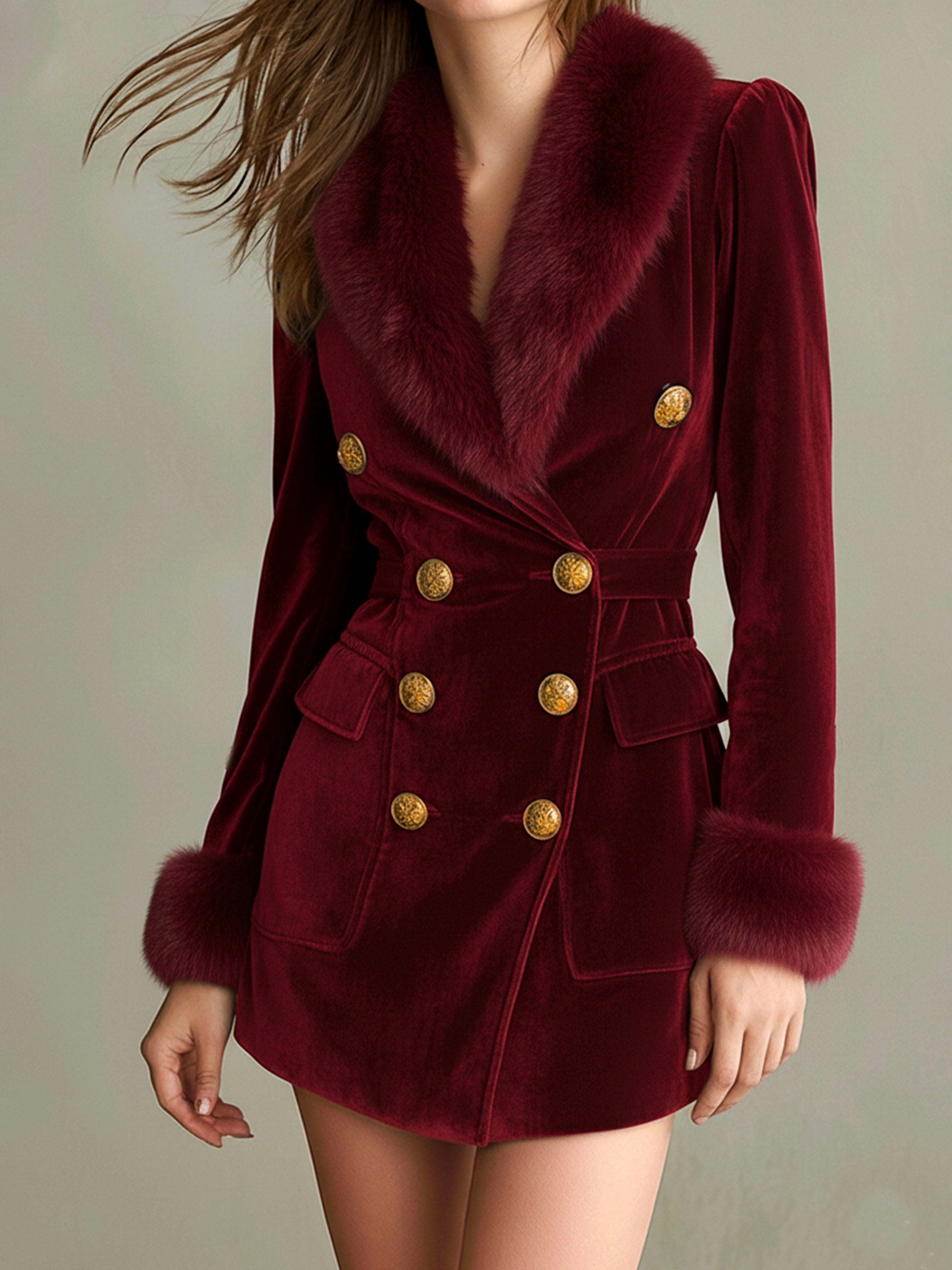 Retro Burgundy Velvet Blazer Dress With Eco Fur Trim