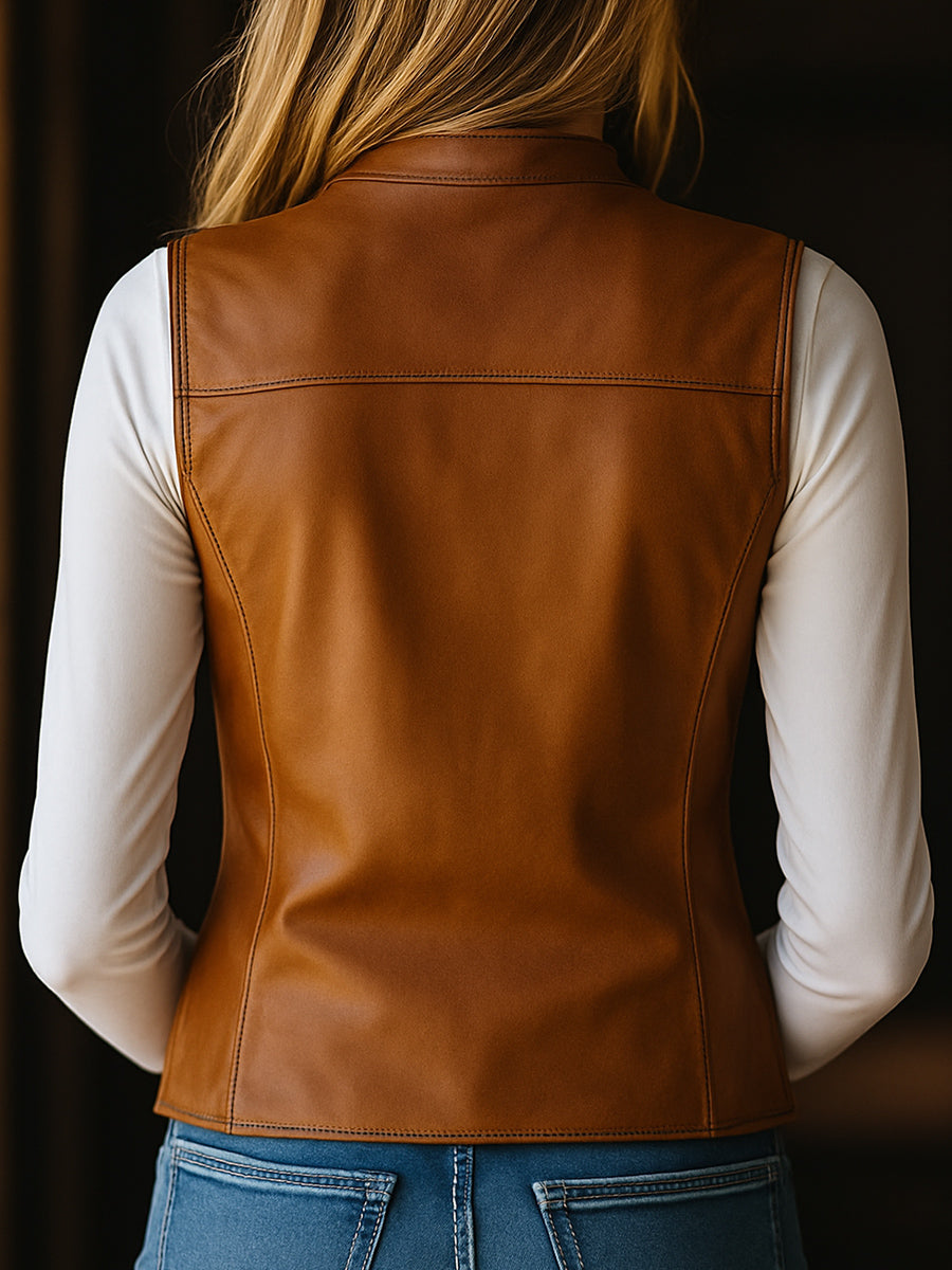 Retro Stand Collar Zipper-up Faux Leather Waistcoat