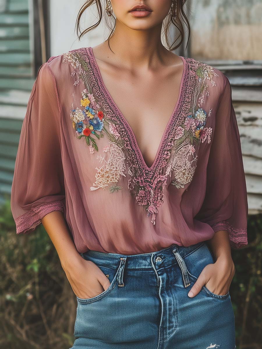 (sale)Elegant Gray Purple Floral Embroidery Half Sleeve Chiffon Shirt