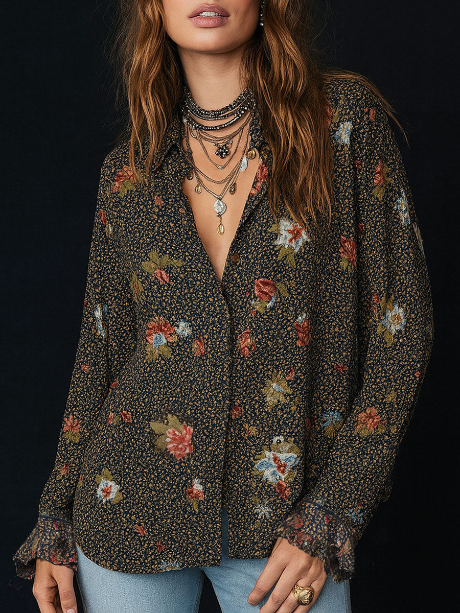 Retro Floral Print Curved Hem Ruffled Sleeves Blouse