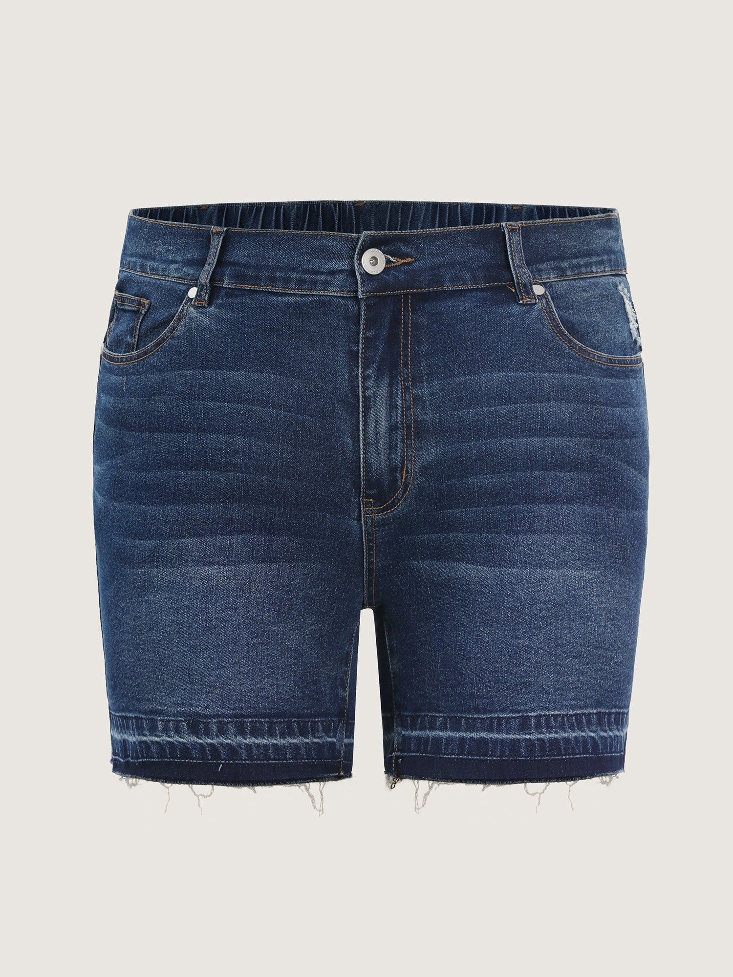 Stretchy Waist Ripped Hem Denim Shorts