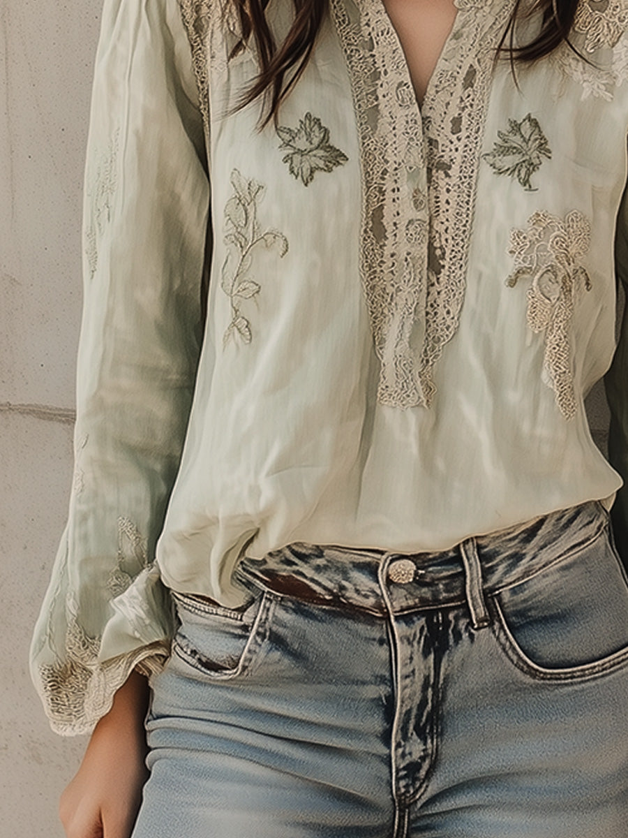 Vintage Green Cotton and Linen Embroidered Henley Collar Shirt