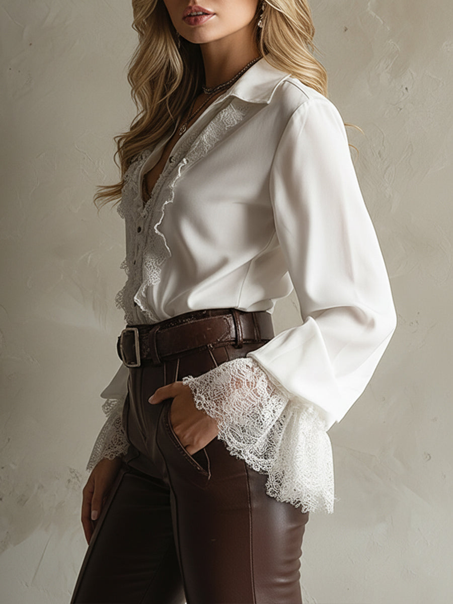 Elegant Cotton Blend Lace Bell Sleeves Blouse