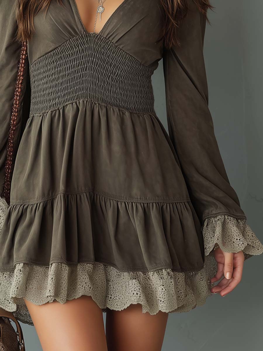 Retro Smocked Waistline Lace Trim Suede Mini Dress