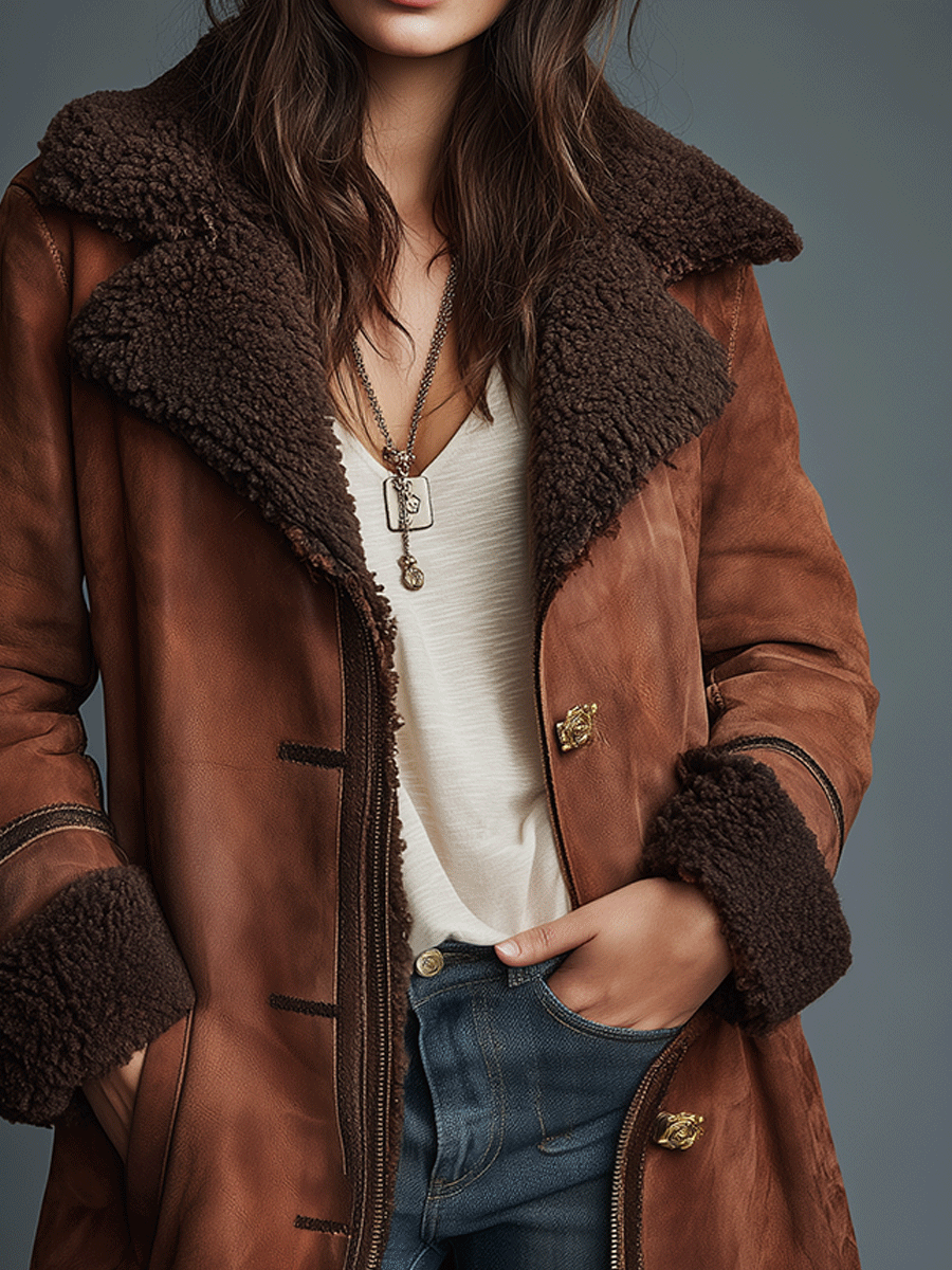 Retro Bohemian Caramel-Colored Faux Suede Coat