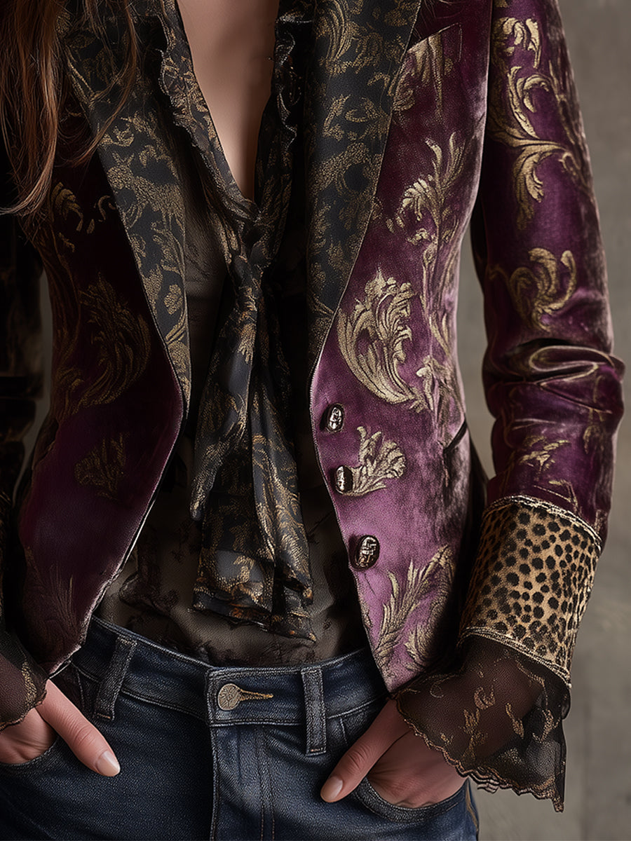 Quiet Luxury Baroque Leopard Print Splicing Polyester Velvet Blazer