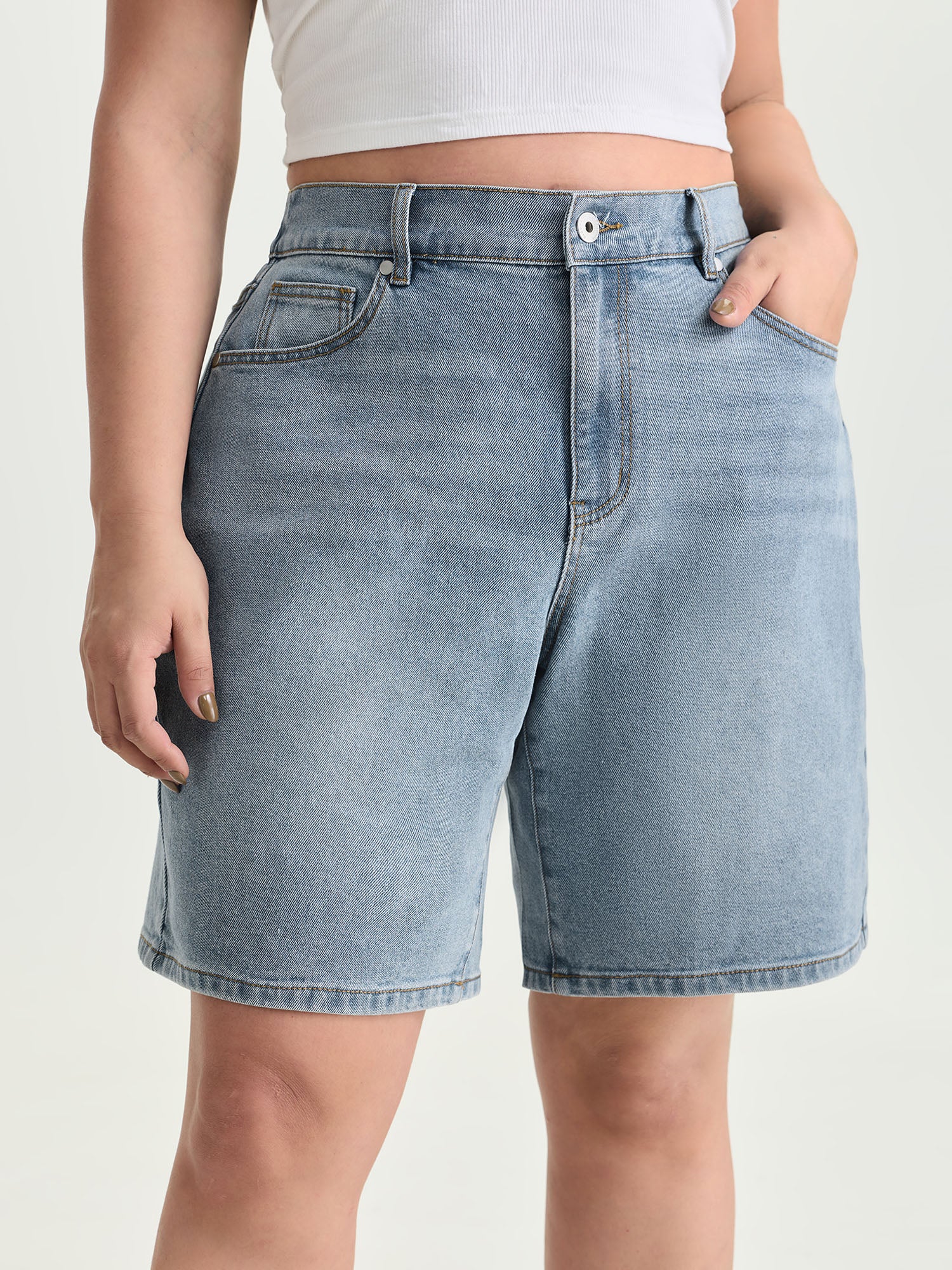 Stretchy Waist Faded Bermuda Denim Shorts