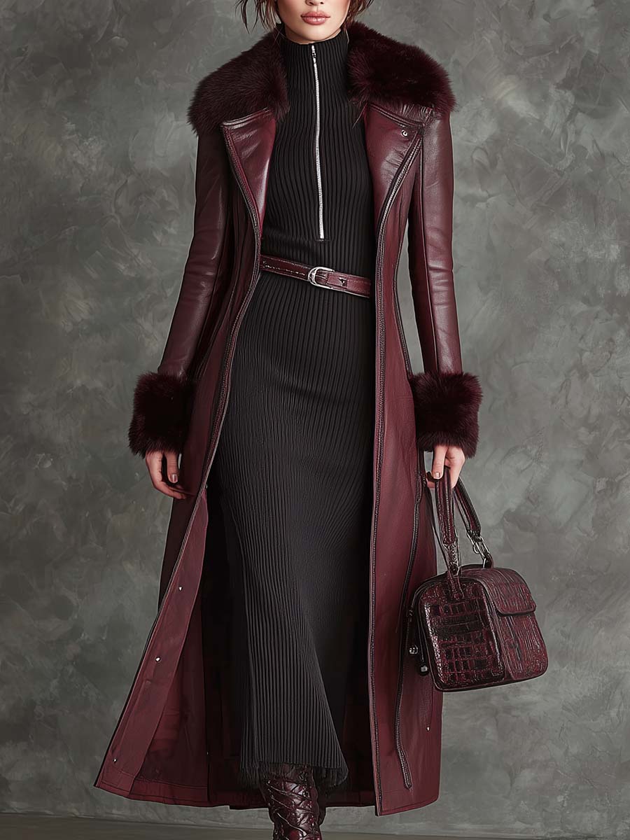 Wine Red Eco-Leather Long Coat With Faux Fur Collar & Cuffs