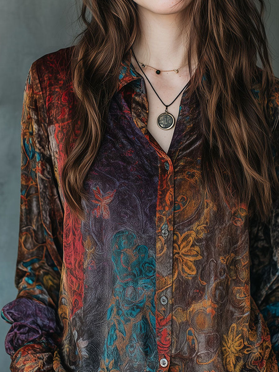 Boho Floral Print Velvet Long Sleeve Button Down Shirt