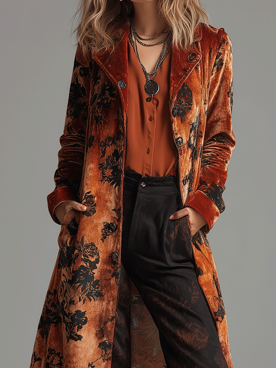 Vintage Burnt Orange Velvet Floral Maxi Coat