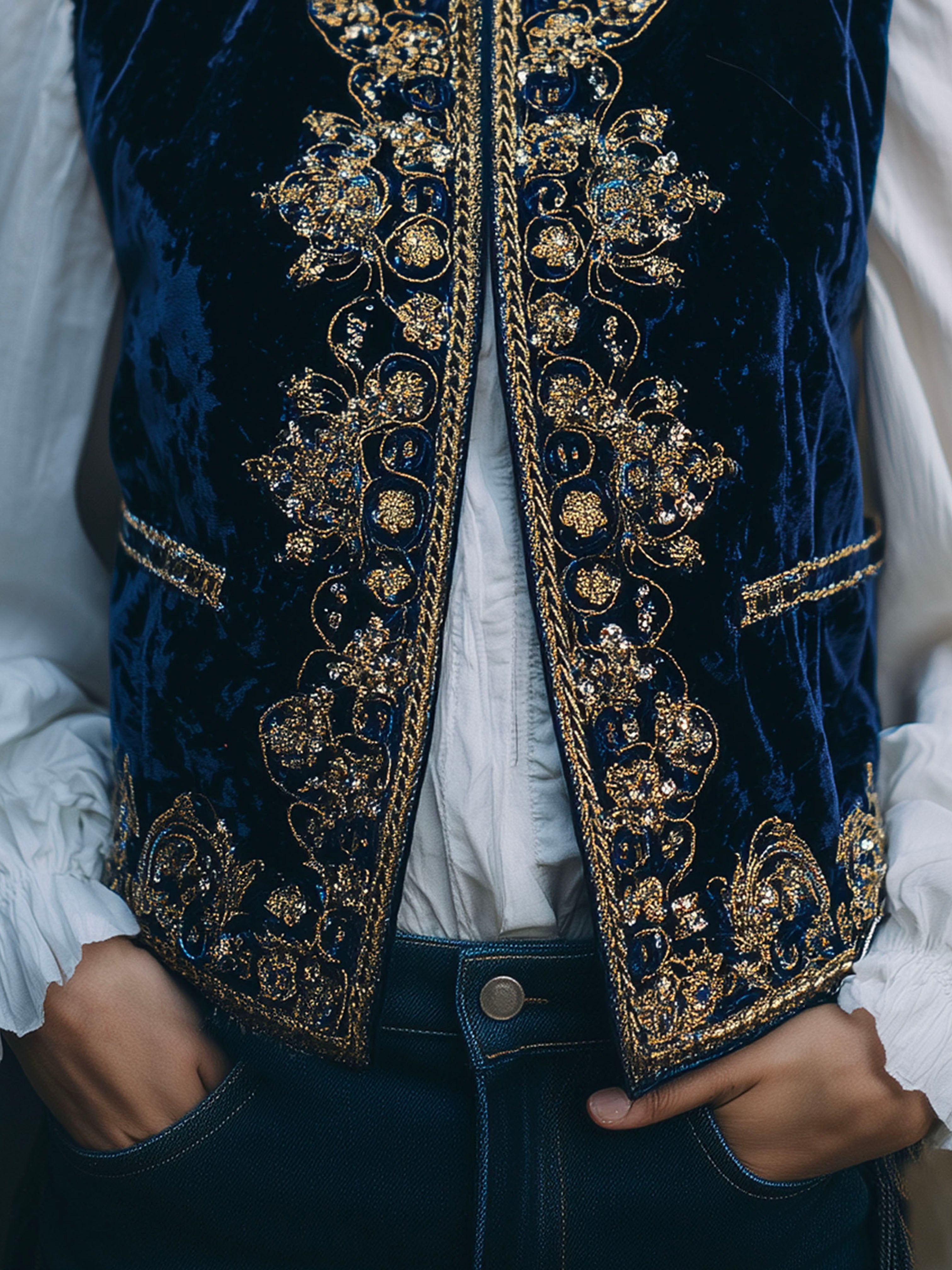Vintage Navy Velvet Gold Baroque Embroidered Vest
