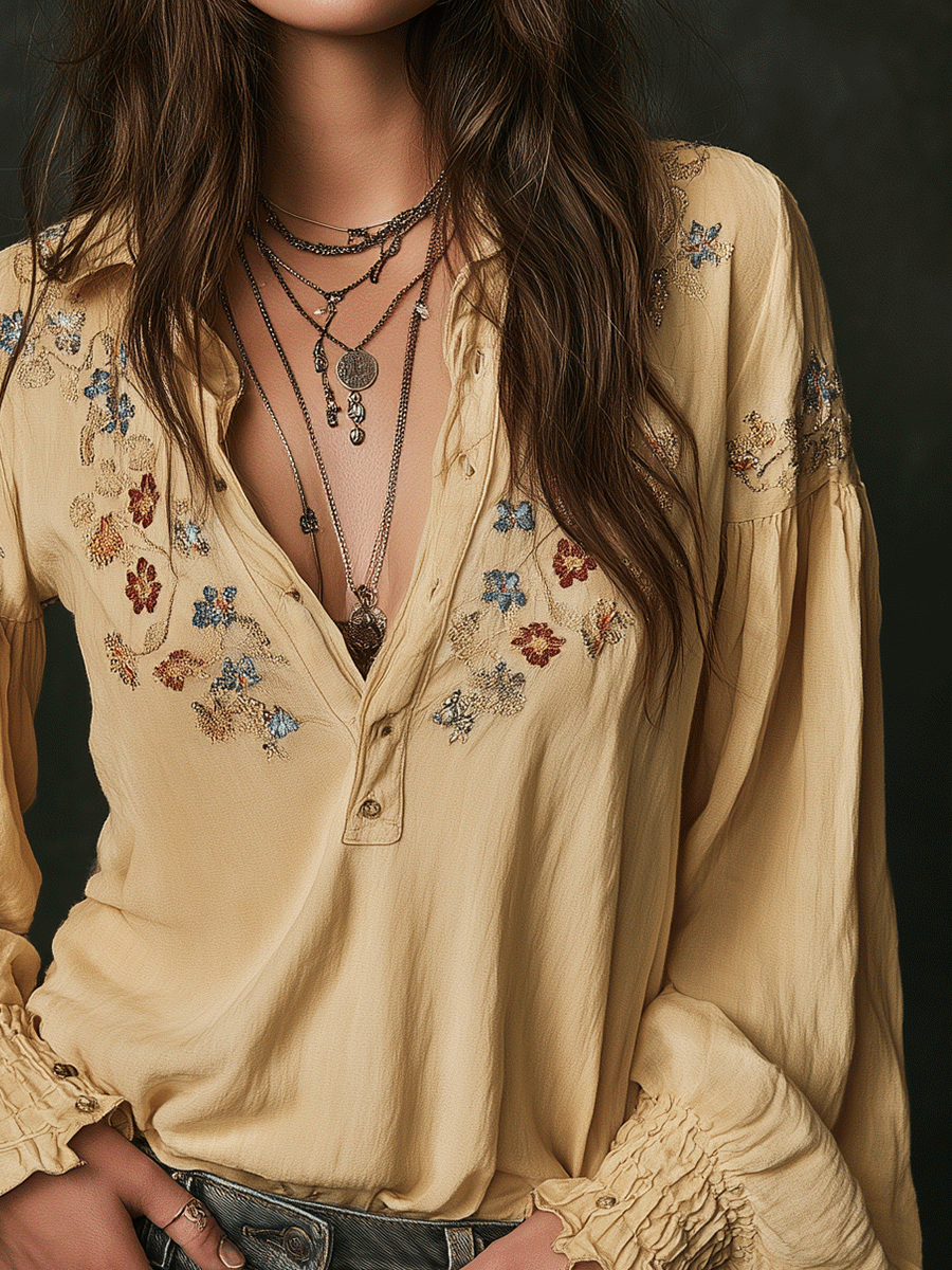 Casual Yellow Floral Embroidered Cotton Shirt