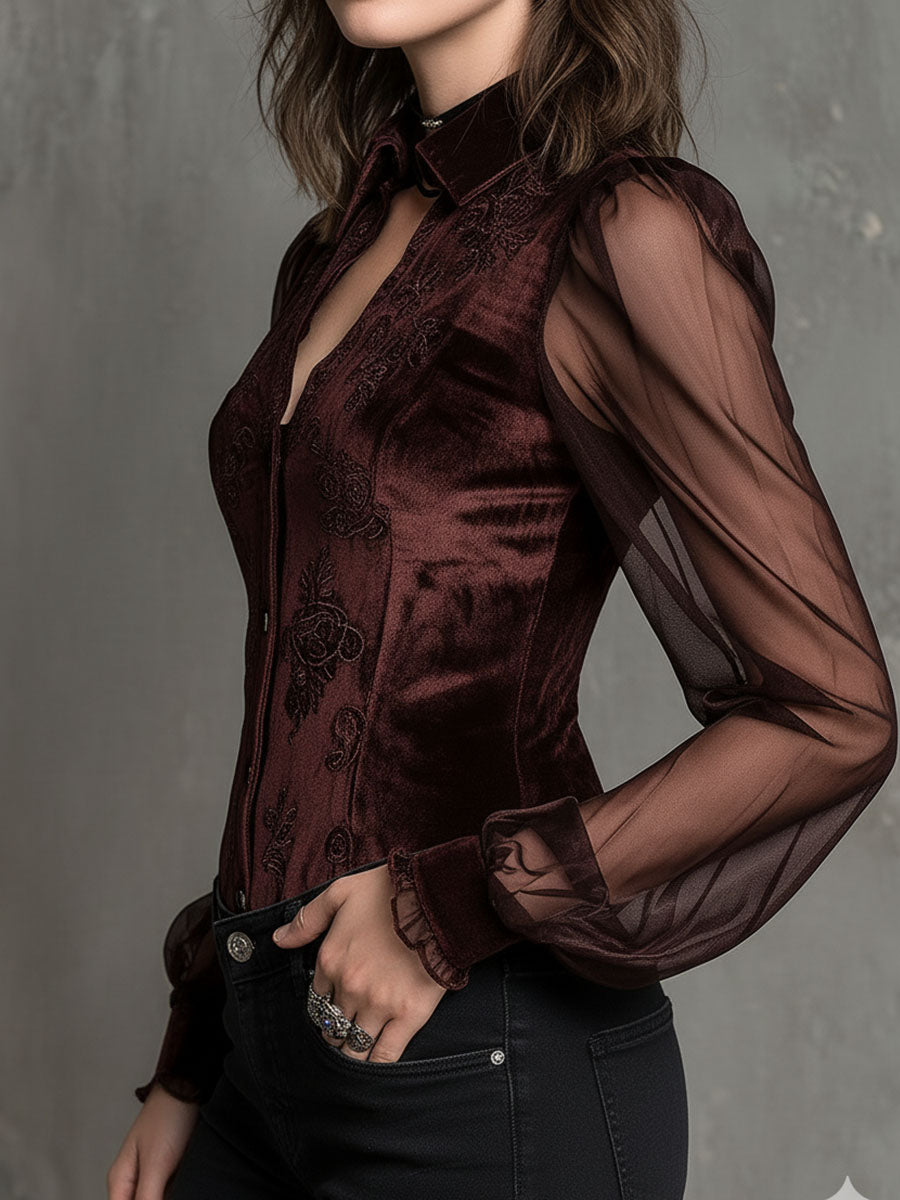 Vintage Velvet Embroidered Blouse With Sheer Sleeves