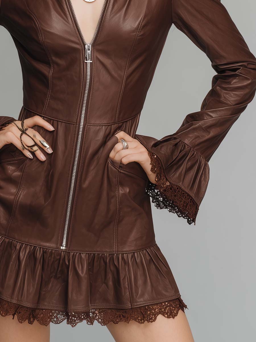 Vintage Zippered Ruffled Hem Faux Leather Mini Dress