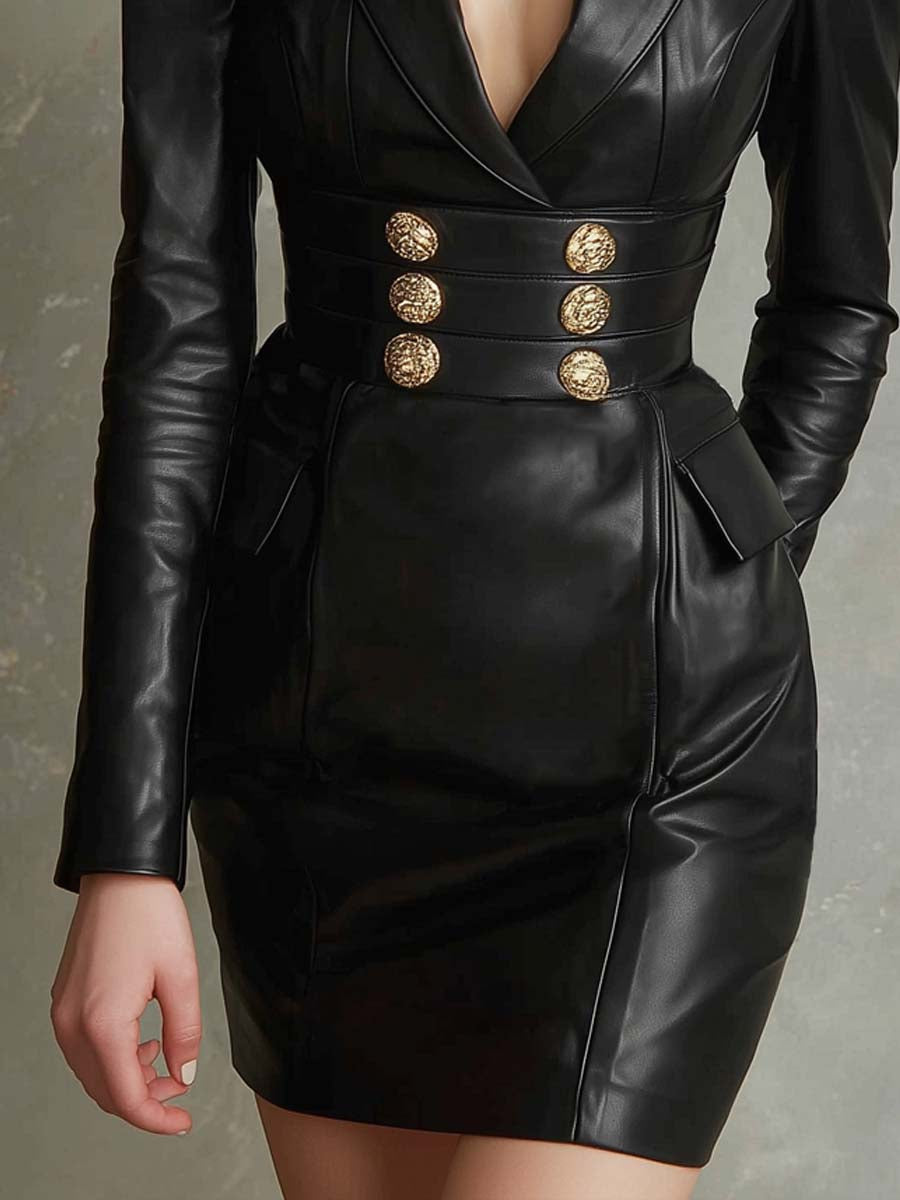 Vintage Metal Button Lapel Faux Leather Mini Dress