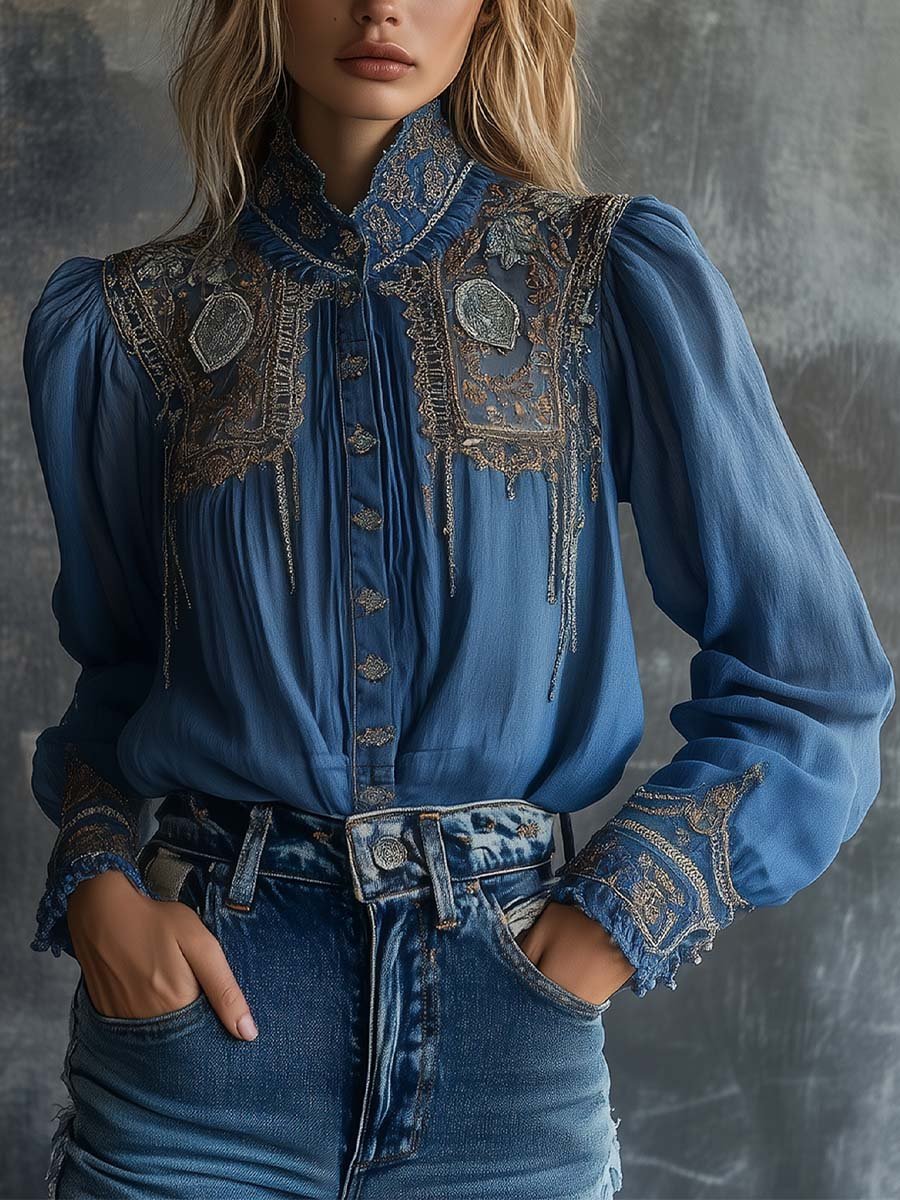 (sale)Regal Charm Embroidered Blue Lace Blouse