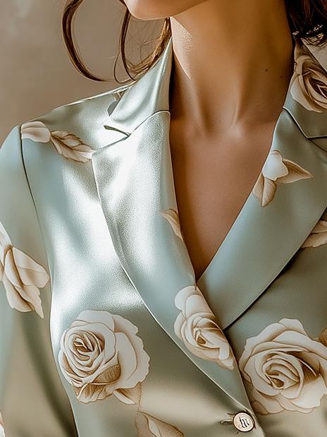 (sale)Elegant Lapel Rose Pattern Side Button Down Satin Shirt