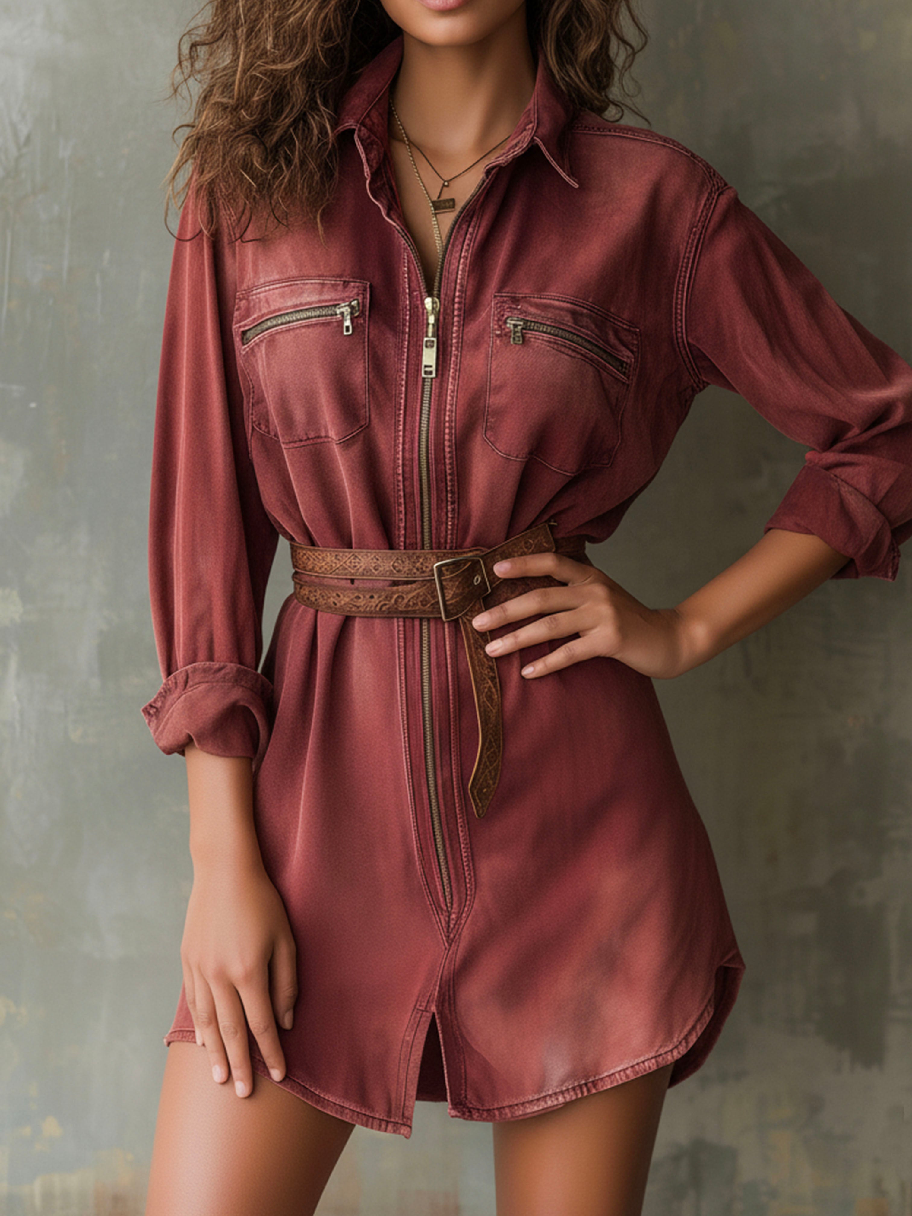 Vintage Burgundy Washed Denim Shirt Dress