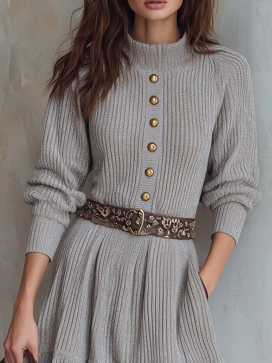 Retro Stand-up Collar Metal Buttons Knit Mini Dress