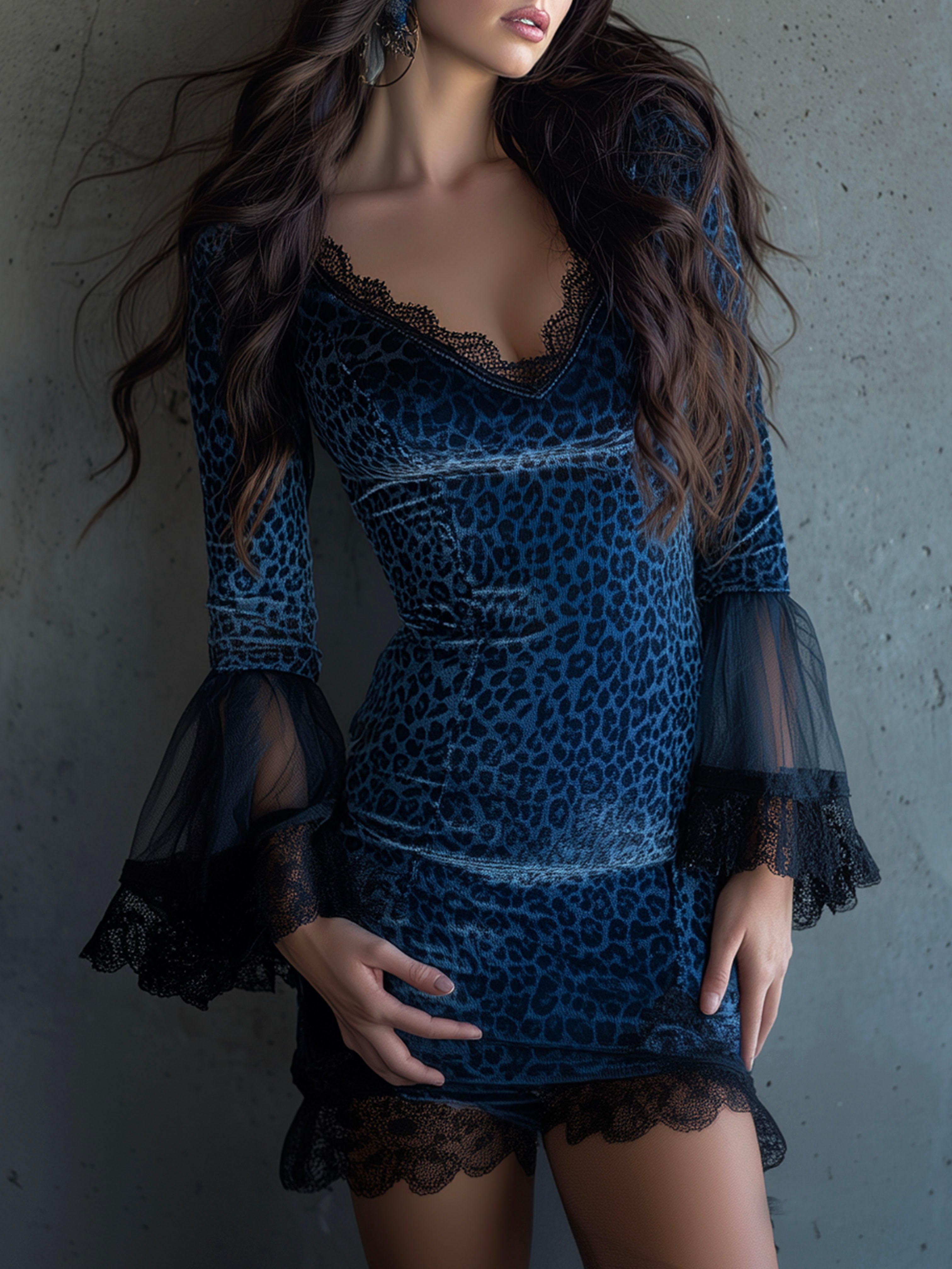 Midnight Blue Velvet Leopard Print Cocktail Dress