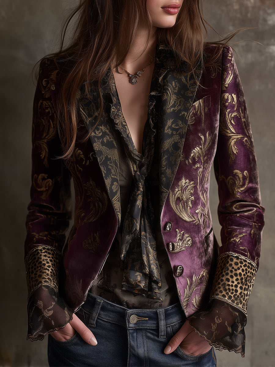 Quiet Luxury Baroque Leopard Print Splicing Polyester Velvet Blazer