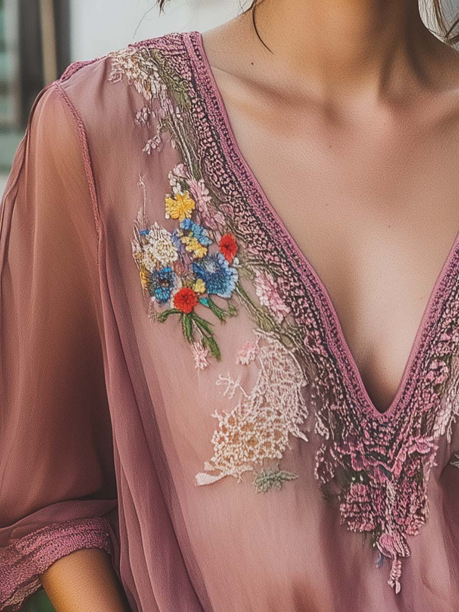 (sale)Elegant Gray Purple Floral Embroidery Half Sleeve Chiffon Shirt