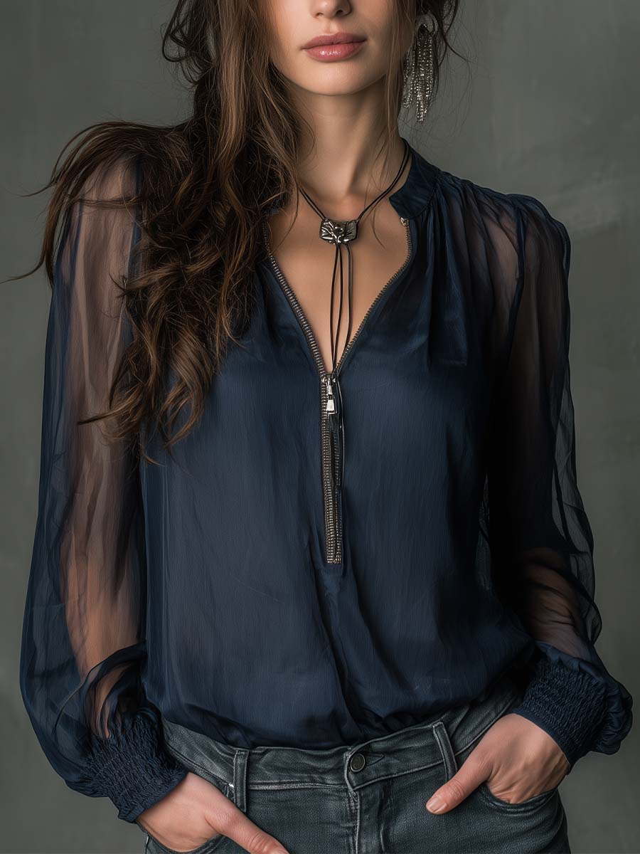 Sheer Chiffon Zip-Front Blouse