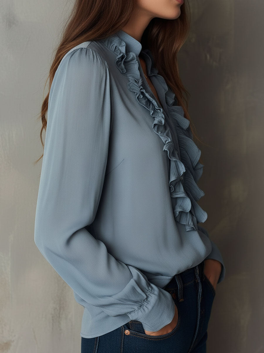 Dusty Blue Ruffle Front V-Neck Button Chiffon Blouse