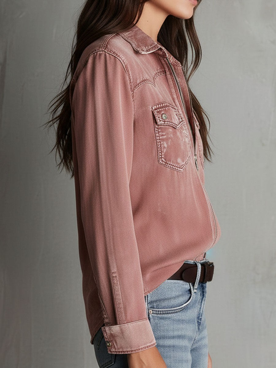 Western Soft Faded Dusty Rose Washed Denim Zip Shirt