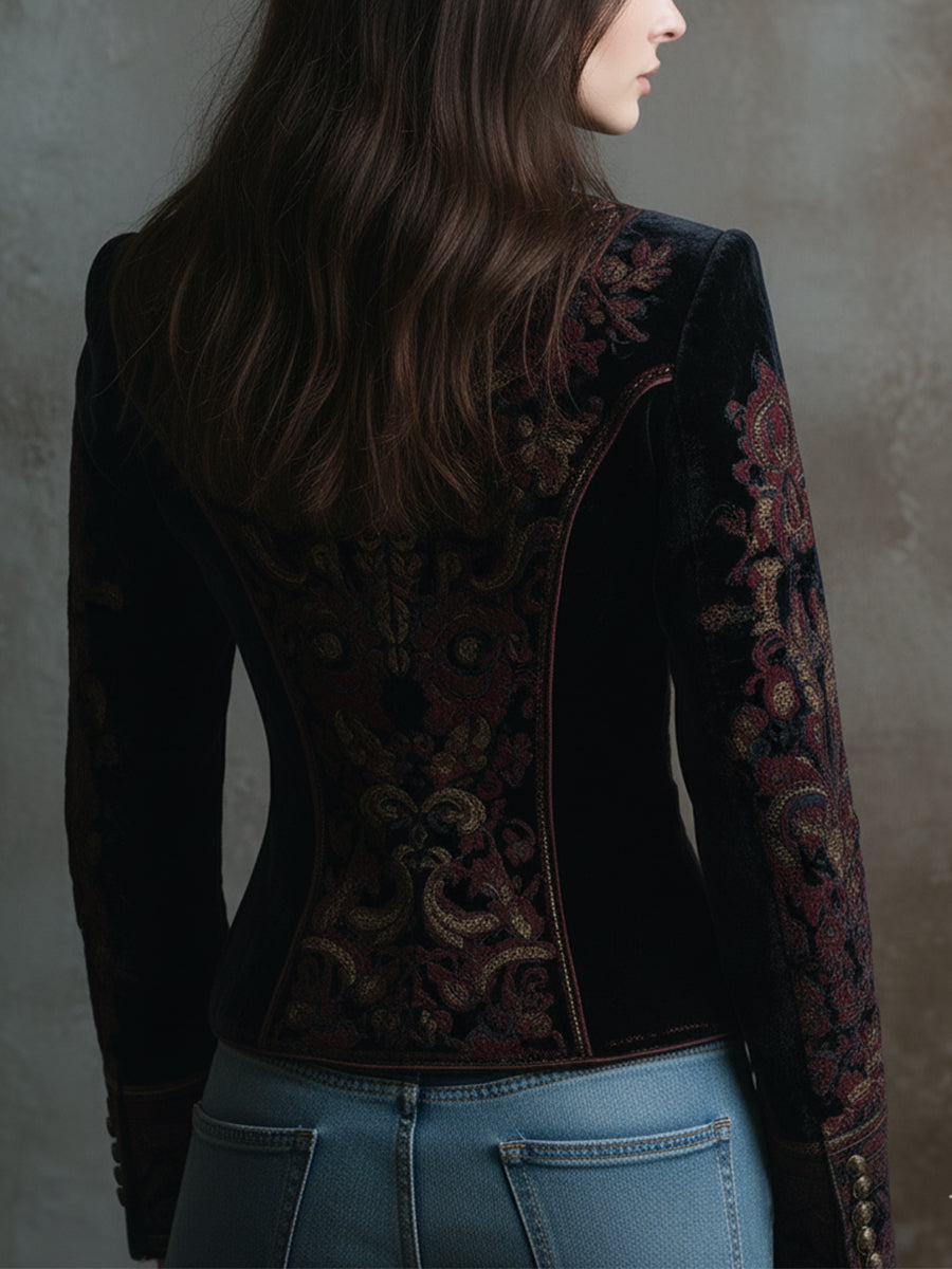 Quiet Luxury Velvet Stand Collar Retro Pattern Jacket
