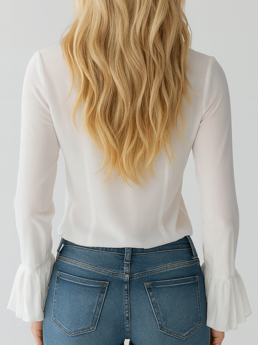 Vintage-Inspired White Chiffon Ruffle Long Sleeve Blouse