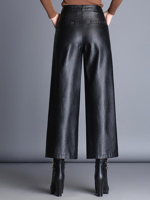 Chic High-waisted Wide-leg PU leather Cropped Pants
