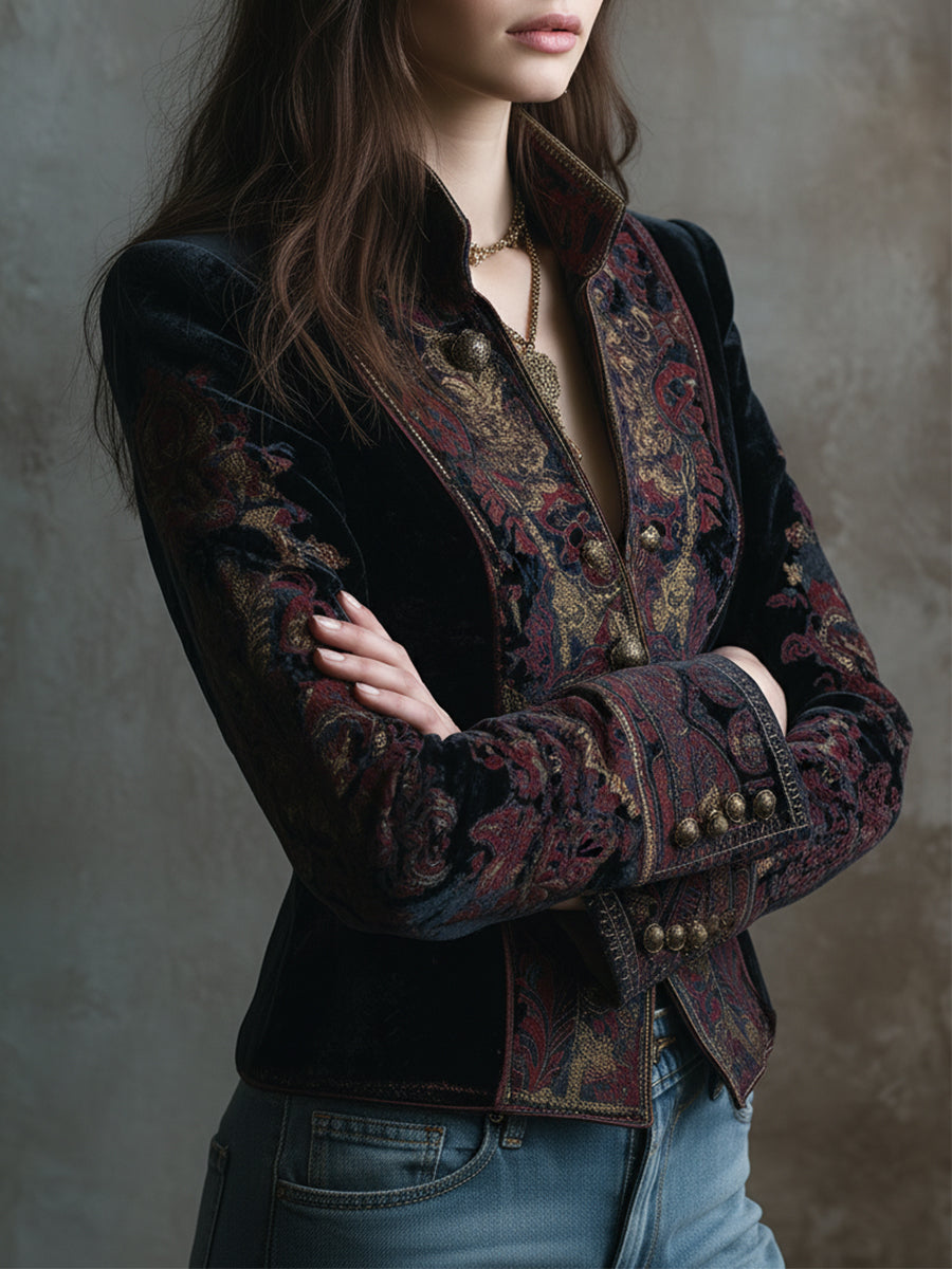 Quiet Luxury Velvet Stand Collar Retro Pattern Jacket