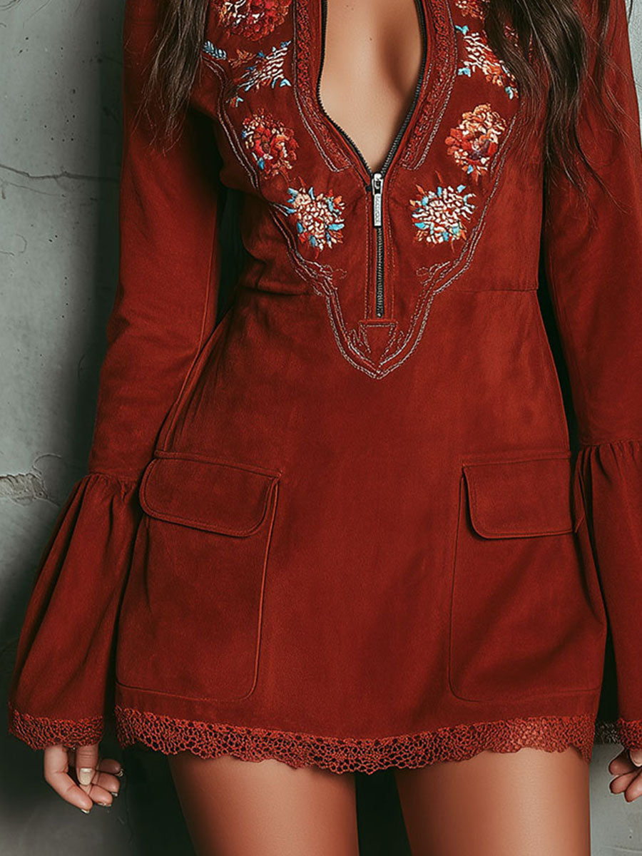 Retro Bell Sleeve Embroidered Rust Red Microsuede Lace Mini Dress