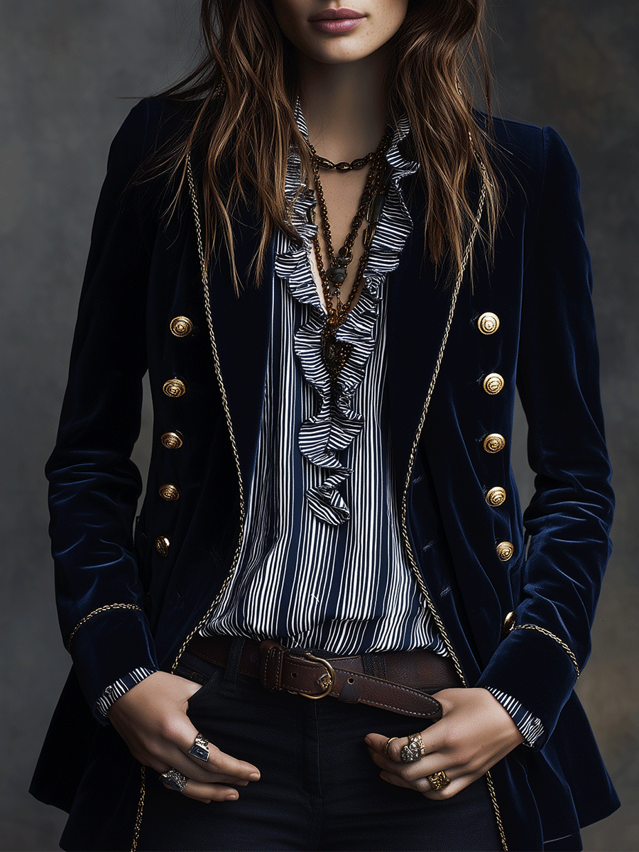 Exquisite And Elegant Navy Blue Velvet Double-Breasted Blazer
