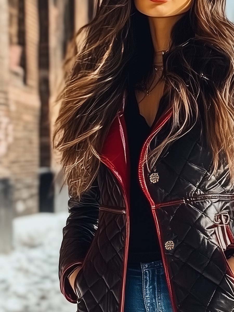 Women's Vintage Fur Collar Contrasting Colors Quilted Coat