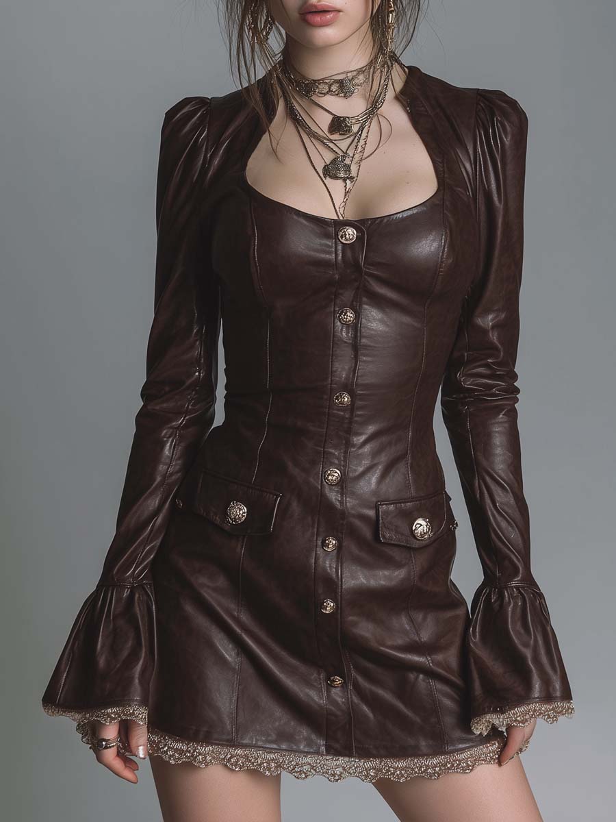 Vintage Button Lace Hem Faux Leather Mini Dress