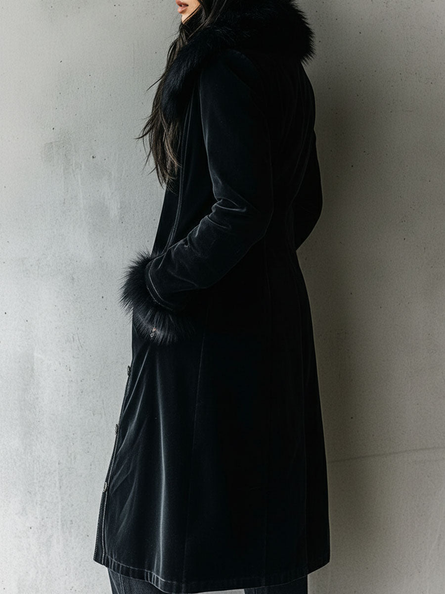 Elegant Tailoring Long Black Velvet Coat With Eco Fur Collar & Cuffs