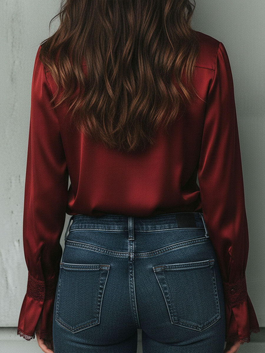 Elegant Burgundy Lace Trim Satin Blouse With Flared Cuffs