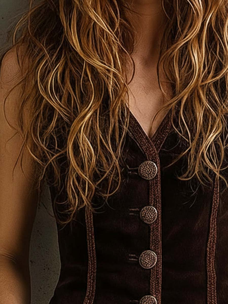 Vintage Faux Suede Vest With Decorative Buttons