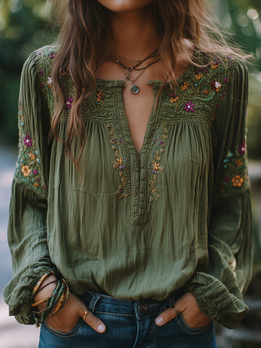 Bohe Floral Embroidered Cotton Olive Green Shirt